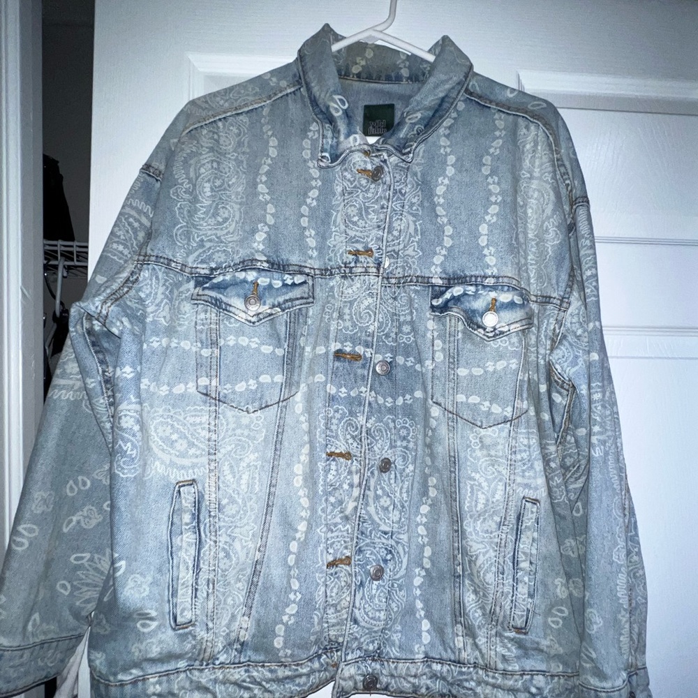 Oversized Blue Jean Jacket with Bandana Print